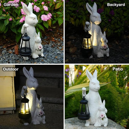 Solar Outdoor Statues Bunny Decor, Garden Sculptures with LED Lights Rabbit Figurines Decorations for Patio Yard Lawn Ornaments Balcony Gifts for Mother's Day Easter
