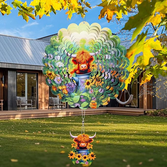 Rngmsi Highland Cow Wind Spinner, 12 Inches Stainless Baby Cow Hanging Garden Decor for Outside Outdoor, 3D Highland Cow Art Gifts for Women Men