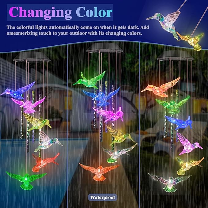 Hummingbird Solar Wind Chime lights,Unique Wind Chimes Gifts for Mom Women Grandma,Color Changing Solar Hummingbird lights Waterproof for Home Garden Yard Patio Windows Party Christmas Decor