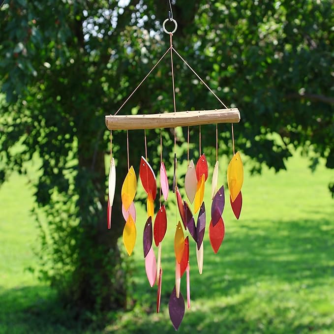 Blue Handworks Fiesta Waterfall Glass and Driftwood Chime, Sandblasted Glass and Found Wood Handcrafted Wind Chime