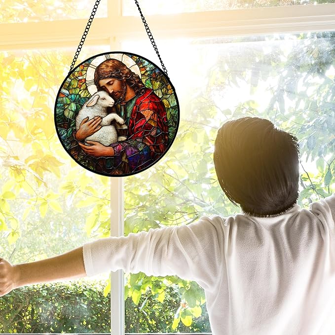 DASTOLL Stained Glass Window Hanging, Jesus Little Lamb Sun Catchers Colorful Glass Panel Christianity Suncatcher Decor for Birthday for Women, Men, Wife, Aunt, and Mom 7.8 in
