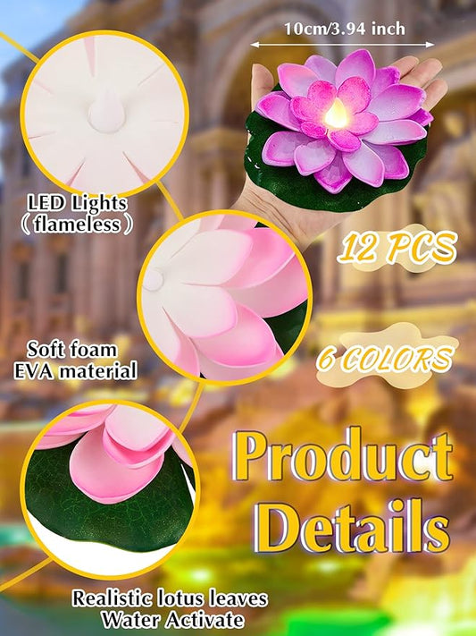 Hortsun 12 Pcs Floating Lotus Lights with Batteries Lily Pads Pool Flowers Floating Candles Decor Artificial Pond Plants Decorations for Pool Pond Outdoor Indoor (Multicolor,3.94 Inch)