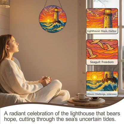 Stained Glass Window Hanging,Lighthouse Sun Catchers Stained Glass Panels for Indoor Windows Wall Art Decor, Memorial Gift for Mom Women Wife Men Lovers (7.87inch)