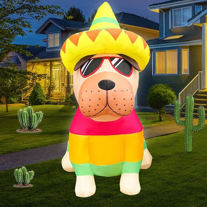 5 FT Cinco De Mayo Inflatables Outdoor Decorations, Bulldog with Taco Sombreros Glasses May 5 Blow up Inflatable Shar Pei Dog for Holiday Party Décor