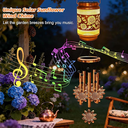 Sunflower Solar Wind Chimes for Outside, Gifts for Mothers Day Mom Women Grandma Birthday Memorial Teacher, 32" Windchimes Outdoor Decor Hanging Solar Lantern for Garden Porch Patio Backyard