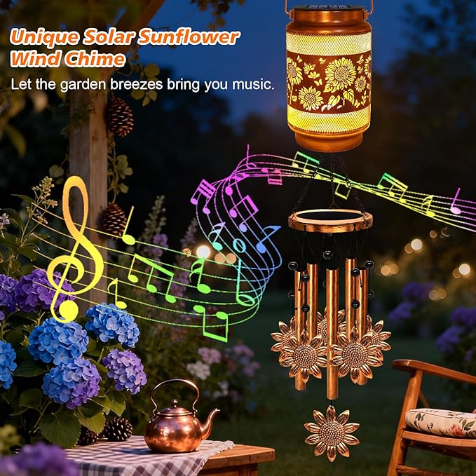 2 Pack Sunflower Solar Wind Chimes for Outside, Gifts for Mothers Day Mom Women Grandma Birthday Memorial Teacher, 32" Windchimes Outdoor Decor Hanging Solar Lantern for Garden Porch Patio Backyard