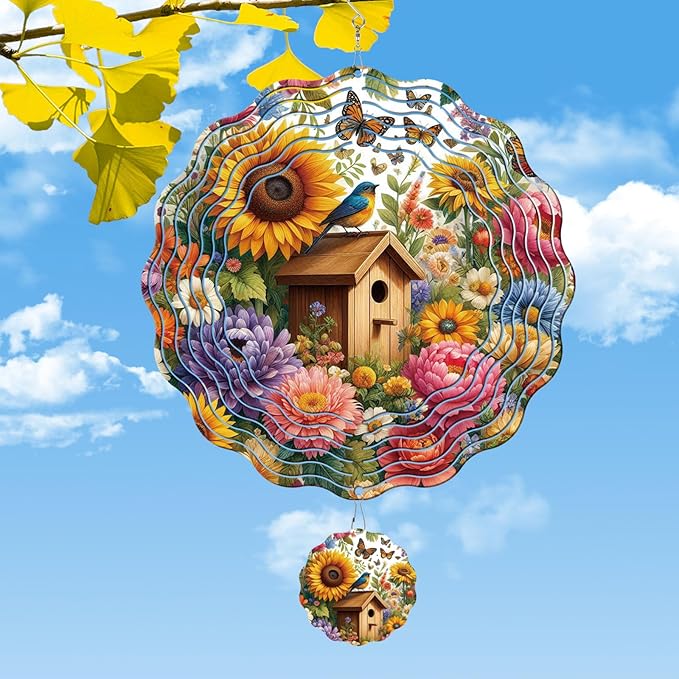 Rngmsi Flower Wind Spinners Outdoor Garden Decor for Outside, 3D Metal Wind Spinner Hanging Decor Kinetic Art for Yard, 12 in Stainless Steel Hanging Gifts for Women Housewarming