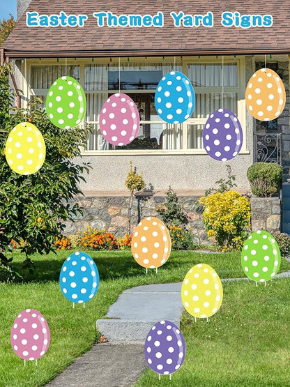 12Pcs Easter Yard Signs Outdoor Decorations Pastel Easter Egg shaped Yard Sign with Stakes Colorful Eggs Garden Signs for Garden Lawn Home Party Supplies (12 Pcs Eggs)