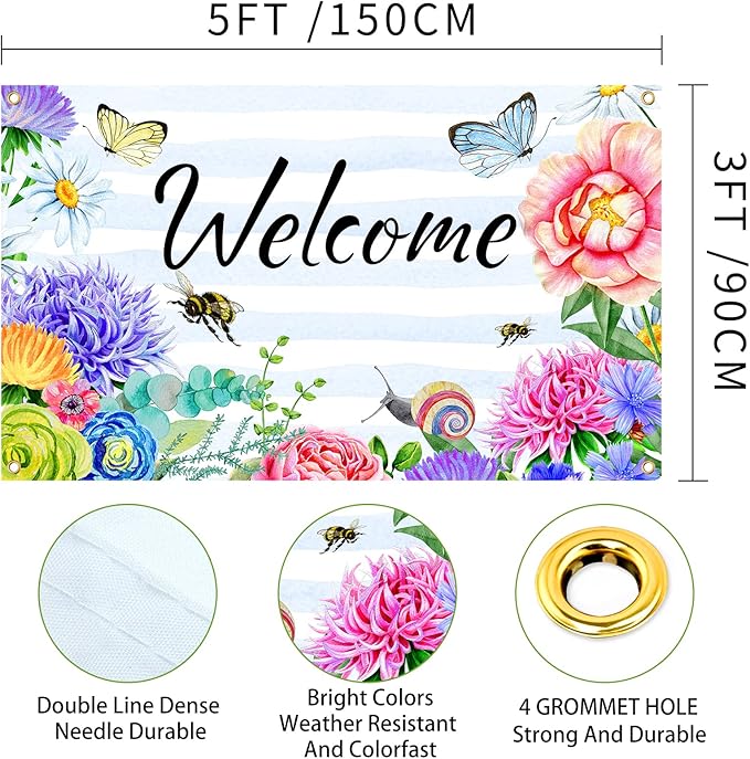 Welcome Spring Summer Flag 3x5 FT Flower Butterfly Bee Yard House Flags Season Banner Polyester Double Stitched with 4 Brass Grommets Flag for Outdoor Indoor Home Decor
