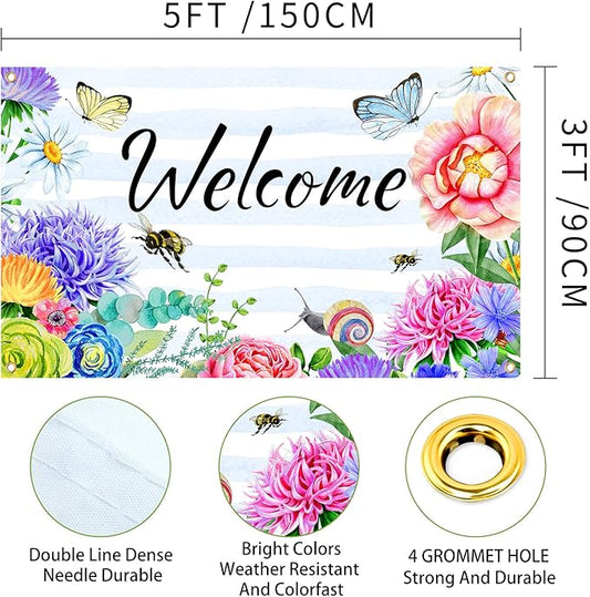 Welcome Spring Summer Flag 3x5 FT Flower Butterfly Bee Yard House Flags Season Banner Polyester Double Stitched with 4 Brass Grommets Flag for Outdoor Indoor Home Decor