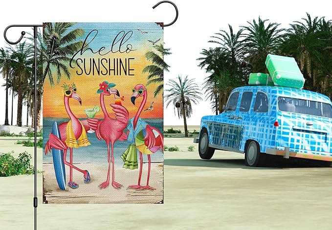Heyfibro Flamingo Garden Flag Hello Sunshine Hawaii Tropical Beach Holiday Garden Flags 12x18 Double Sided Burlap Welcome Summer Tropical Ocean Sea Yard Flag for Seasonal Outdoor Party Decoration(ONLY