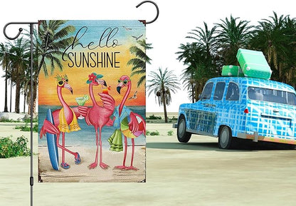 Heyfibro Flamingo Garden Flag Hello Sunshine Hawaii Tropical Beach Holiday Garden Flags 12x18 Double Sided Burlap Welcome Summer Tropical Ocean Sea Yard Flag for Seasonal Outdoor Party Decoration(ONLY