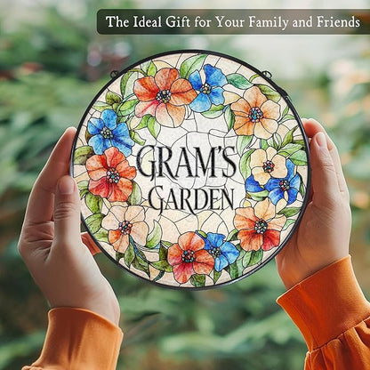 Gram's Garden Floral Stained Glass Window Hanging Suncatcher for Grandma, Gram Grandma Gifts Sun Catcher Wall Hanging Decoration for for Mothers Day Christmas Birthday, 7.8 x 7.8 in
