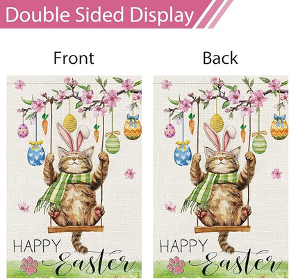Heyfibro Happy Easter Cute Cat Garden Flag 28x40 Double Sided Burlap, Spring Summer Magnolia Flower Easter Egg Small Yard Banner for Seasonal Holiday Farmhouse Yard Outdoor Decor(ONLY FLAG)