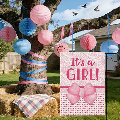 It's a Girl Pink Bow Baby Shower Decorative Garden Flag, Newborn Gender Reveal Small Yard Outside Decorations Gift for New Dad Mom, Coquette Baptism Party Outdoor Home Decor Double Sided 12x18