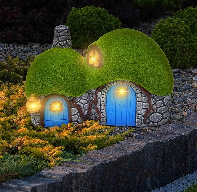 Gift Boutique Outdoor Garden House Statue with LED Lights Fairy Garden Decor Resin Cottage Figurine Yard Lawn Porch Pathway Ornament Outdoor Figurines