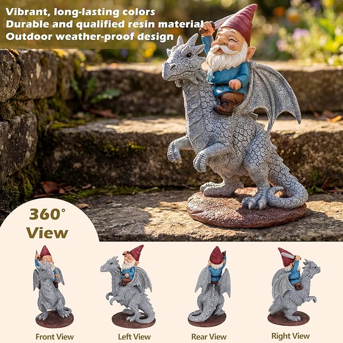 EXYGLO Gnome Garden Decor Statue, 9.7" Gnome Riding Dragon Outdoor Funny Decoration for Lawn, Patio, Yard, and Unique Housewarming, Birthday Ornament Gift for Boys, Friend, Family