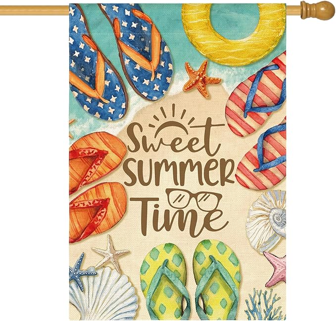 AVOIN colorlife Summer Beach Flip Flops House Flag 28x40 Inch Double Sided, Welcome Seasonal Coastal Burlap Yard Outdoor Decoration