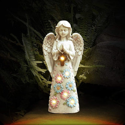Voveexy Angel Garden Statue Outdoor Figurine, Solar Powered Garden Sculpture with 6 LEDs Resin Praying Angel Decor for Patio Lawn Yard Porch Decoration Christmas Birthday Housewarming Present 13.2” H