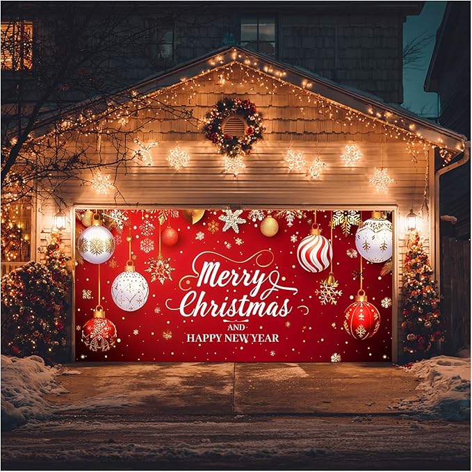 HOMETITUTE 13x6ft Christmas Garage Door Cover Merry Christmas and Happy New Year Backdrop Holiday Party Decorations Indoor Outdoor Wall Background Decor Festive Red Gold Ornament Scene Display