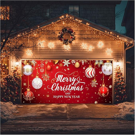 HOMETITUTE 13x6ft Christmas Garage Door Cover Merry Christmas and Happy New Year Backdrop Holiday Party Decorations Indoor Outdoor Wall Background Decor Festive Red Gold Ornament Scene Display