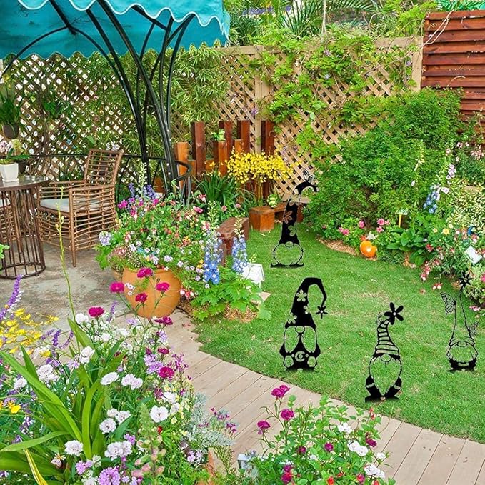 Headerbs Garden Gnomes Yard Art Handmade Black Premium Iron Silhouette Metal Statues for Yard Decor (B)