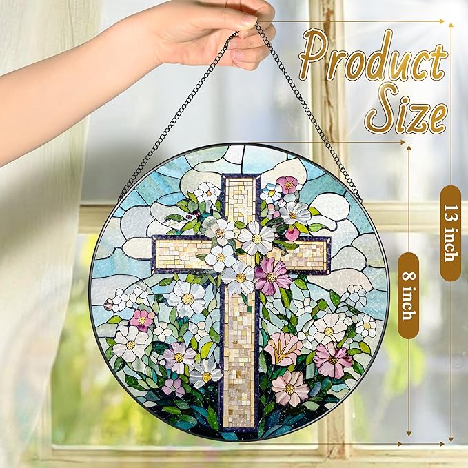 8'' Christian Stained Glass Suncatcher Ornament, Cross Window Hanging, Window Decor, Jesus Home Decor, Gifts for Christmas, Easter Faith Cross Gifts, Religious Gift, Christian Gift