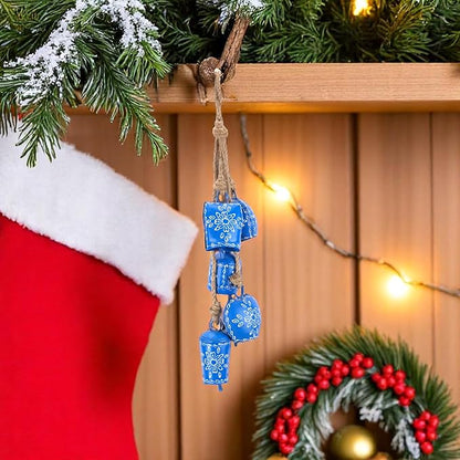 Hand-Painted Christmas Bell Wind Chime 25”– 5 Hanging Metal Witch Cow Bells Floral Design – Outdoor & Indoor Rustic Decor for Garden, Patio, Porch, Balcony, Entryway, Farmhouse,Gift (Sky Blue)