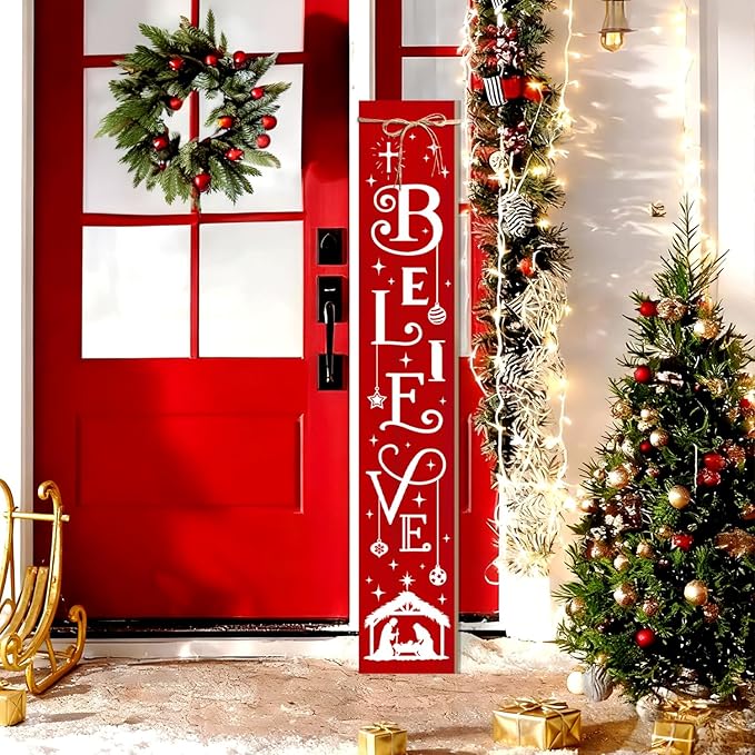 Christmas Porch Sign Believe Nativity Welcome Sign for Front Porch, Red ChristianWood Signs for Patio Jesus Tall Standing Wooden Yard Sign Bless Xmas Decoration for Indoor Outdoor