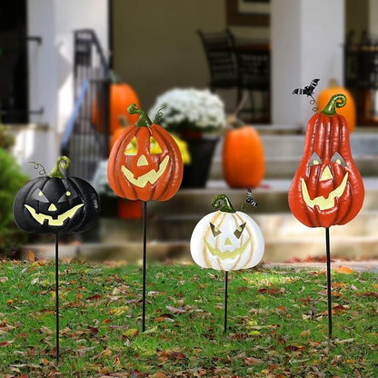 Halloween/Thanksgiving Metal Stakes Pumpkin, Jack o Lantern Spooky Faces Smile with Luminous Effect, Garden Yard Signs, Halloween Pumpkins Outdoor, Pumpkin Decorations Outdoor,Set of 4
