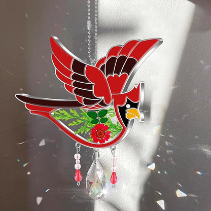 KY&BOSAM Crystal Cardinal SuncatcherStained Glass Hand Painted Color Sun Catcher for Windows Hangings Ornament with Pressed Flower and Heart Charm Gifts for Mom Mothers Day Birthday Christmas Decor