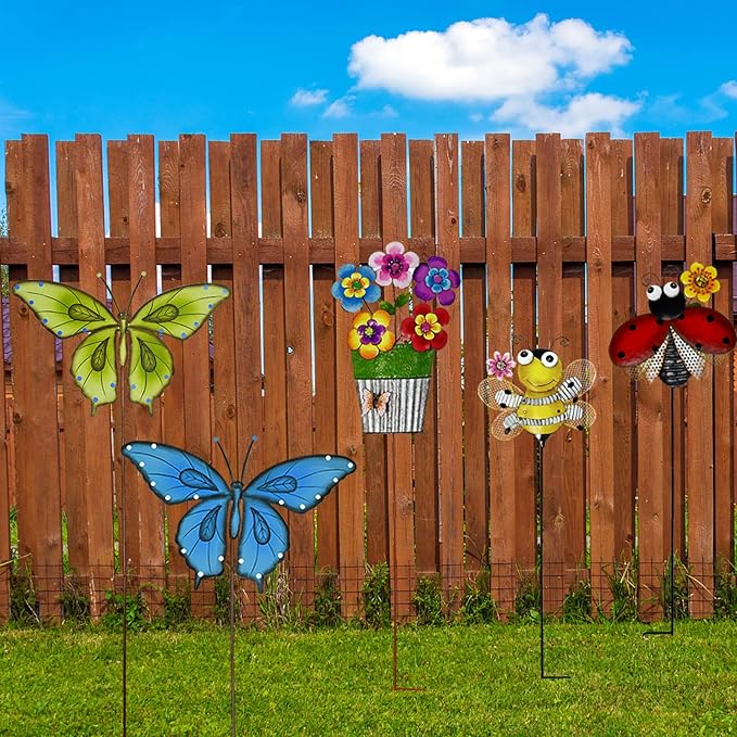 Metal Garden Stakes Spring Yard Sign Decorative Plant Stake Lawn Art Patio Decor Pathway Ornaments Indoor Outdoor Decoration (Green Butterfly)
