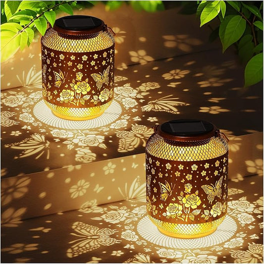 2 Pack Butterfly Solar Garden Statues Birthday Gifts for Women Mom Grandma Hanging Solar Outdoor Waterproof Metal Garden Decor Outside for Yard,Patio,Lawn Porch,Backyard