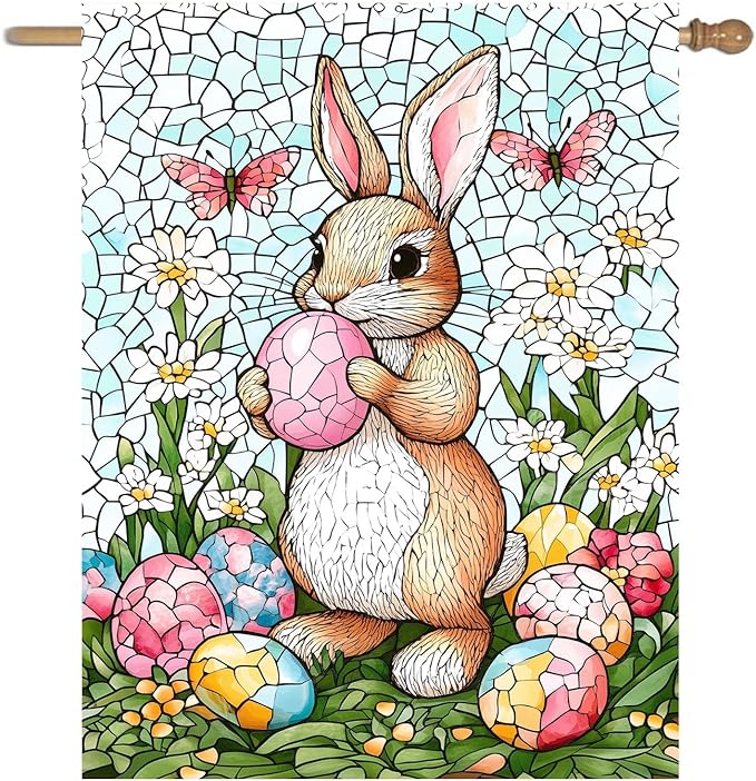 Easter Bunny Garden Flag for outside 28x40 Double Sided Stained Glass Rabbit Flag Easter Egg House Flag Lily Spring Outdoor Flag Large