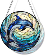 Dolphin Stained Glass Suncather for Window Hanging with Ocean Wave, 6.3'' Blue Dolphin Ornament Gift for Women, Ocean-Themed Home Decor Gift for Beach & Sea Lovers (Blue Dolphin, 6.3'')