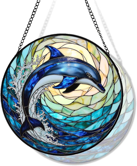 Dolphin Stained Glass Suncather for Window Hanging with Ocean Wave, 6.3'' Blue Dolphin Ornament Gift for Women, Ocean-Themed Home Decor Gift for Beach & Sea Lovers (Blue Dolphin, 6.3'')