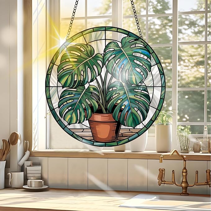 VAIIEYO Monstera Leaf Sun Catcher Stained Glass Window Hanging Ornament, Monstera Plant Sun Catcher Decoration, Plant Lover Decor, Plant Lover Gifts, Mother's Day Birthday Housewarming Gift 7.8 inch