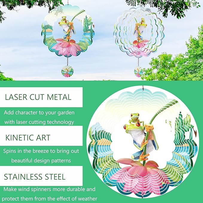 Lotus Frog Wind Spinners,Hanging Decor Outdoor, Outdoor Garden Decor, Wind Chimes for Outside, Wind Spinners Outdoor Hanging ValentinesDecor, Unique Gifts for Women, Valentines Decorations