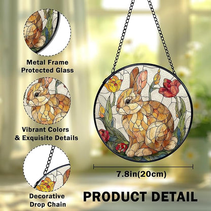 Easter Bunny Flower Suncatcher Stained Glass Window Hanging, Rabbit Floral Sun Catchers Indoor Window Glass Wall Art Decor, Easter Bunny Wall Hanging Decor Decorations, 7.9x7.9 Inch