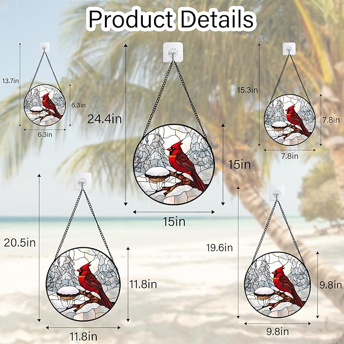 Stained Glass Window Hanging Cardinal Bird Winter Snow Scene Large 11.8" - Suncatcher Door Garden Sunroom Sun Catcher Home Decor Birthday Christmas for Mom Men Woman Nana