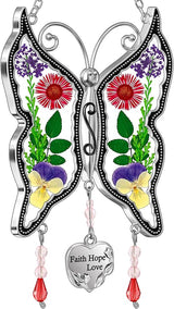 KY&BOSAM Butterfly Suncatcher Faith Hope Love Stained Glass Sun Cathers for Windows Hangings Wind Chime Ornament, Real Flower Wings Charm with Metal Mother's Day Mom Sister Birthday Gifts