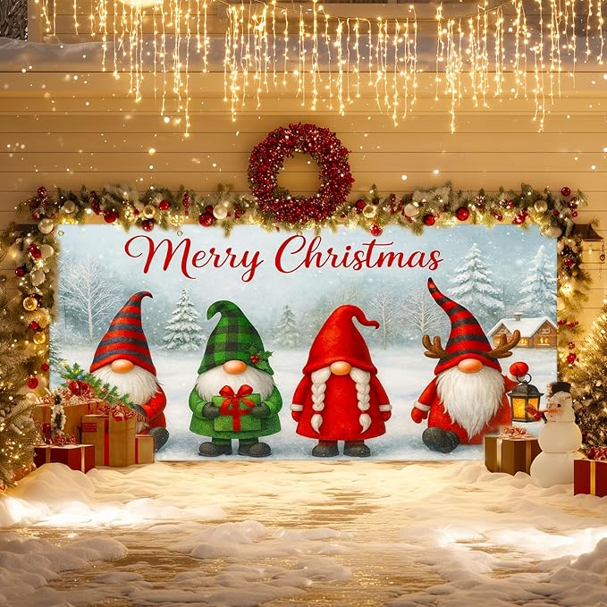 IVN Christmas Garage Door Cover Decoration 13x6ft Gnomes Snow Scene White Background Gift Tree Merry Christmas Garage Door Banner Home Door Front Yard Decor for Xmas Eve Holiday Outdoor