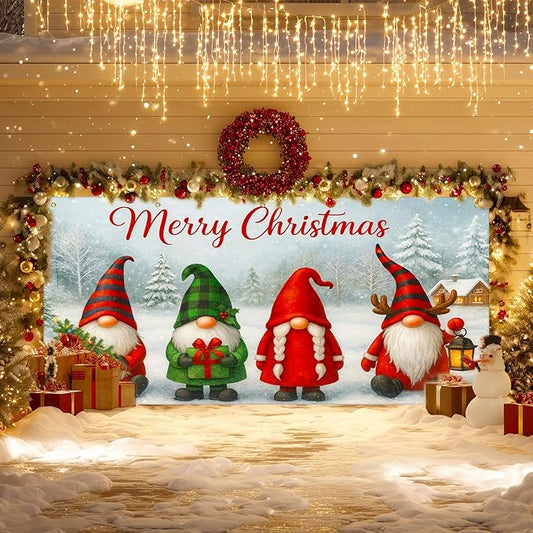 IVN Christmas Garage Door Cover Decoration 13x6ft Gnomes Snow Scene White Background Gift Tree Merry Christmas Garage Door Banner Home Door Front Yard Decor for Xmas Eve Holiday Outdoor