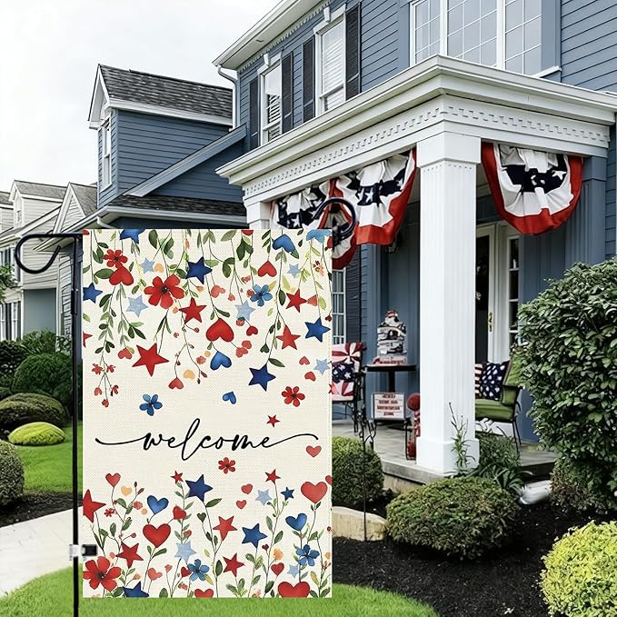Baccessor Patriotic 4th of July Garden Flag 12.5 x 18 Inch Double Sided Burlap,Memorial Day Welcome American Red and Blue Flower Flag Summer Yard Lawn Holiday Seasonal Outdoor Outside Decoration
