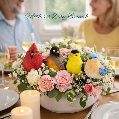 Songbird Garden Figurines Set of 4 – Cardinal, Bluebird, Goldfinch & Robin – Decorative Bird Statues for Home Décor, Spring Decorations, Crafting, Shelf Table Display – 3.75" W x 3" H
