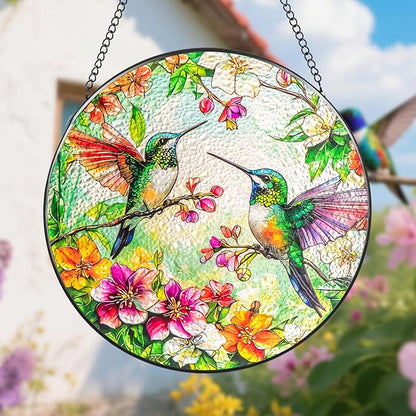 Suncatcher Stained Glass Window Hanging - Hummingbird Glass Panel with Metal Chain and Hooks Handmade Sun Catcher Decoration for Window Garden Home Christmas & Birthday Gifts (6.3 Inch)