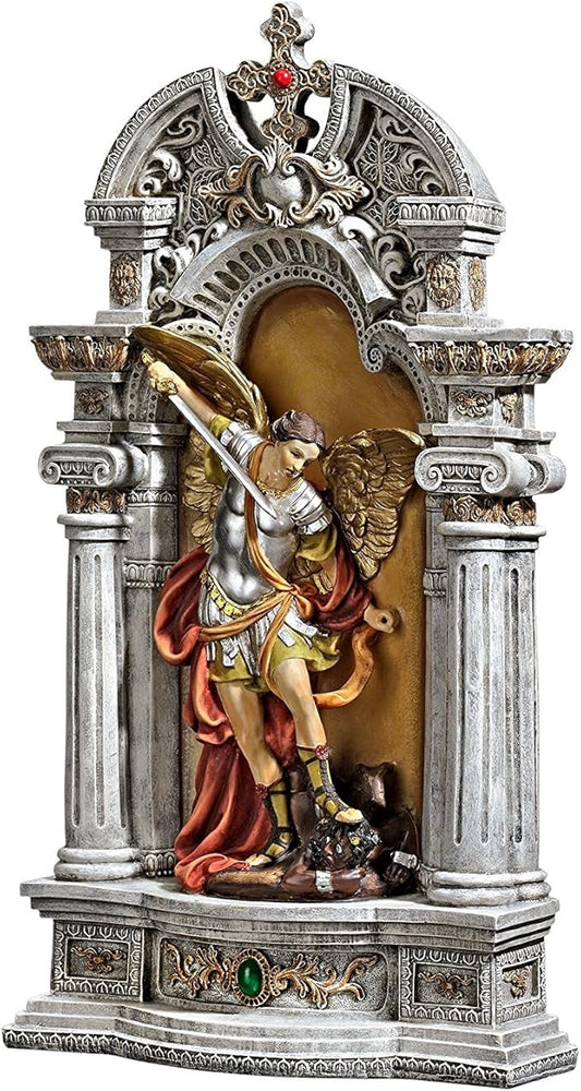 Design Toscano Niche of Michael the Archangel Religious Statue and Wall Art Hanging, 8 inches wide, 15 inches tall, Cast Stone Resin, Full Color Paint