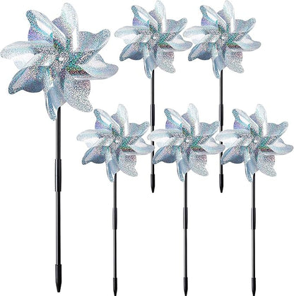 NOVWANG 6 PCS Reflective Pinwheels with Stakes, Extra Sparkly Pin Wheel for Garden Yard Decor, Bird and Animal Deterrent Device to Scare Birds Away from Patio Farm