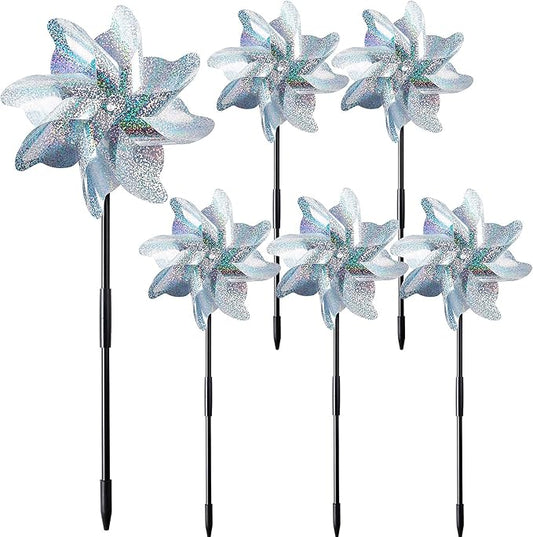 NOVWANG 6 PCS Reflective Pinwheels with Stakes, Extra Sparkly Pin Wheel for Garden Yard Decor, Bird and Animal Deterrent Device to Scare Birds Away from Patio Farm