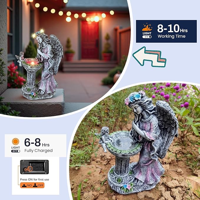 Evursua Garden Angel Decor 12 Inch Solar Fairy Outdoor Statue with Fountain Light Color Changing, Solar Lights Yard Decoration for Front Porch Flowerpot Patio Ornaments, Home Decor Gifts for New Year